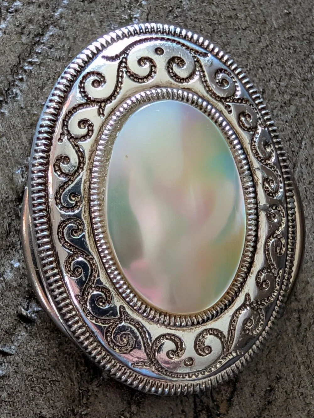 Vintage German Signed Iridescent Mother Of Pearl Silver Tone Small Scarf Clip